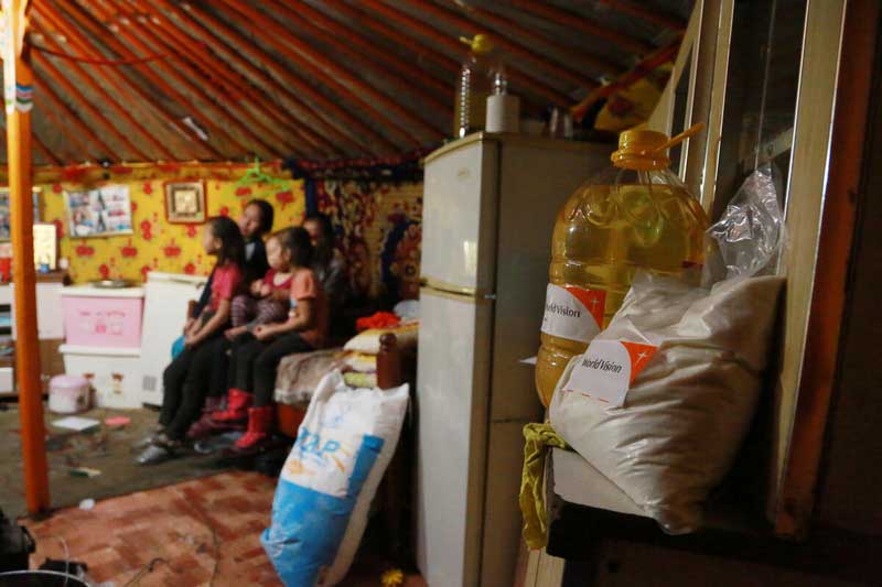 Food supplies provided by World Vision in the kitchen inside a home of a family in Mongolia.