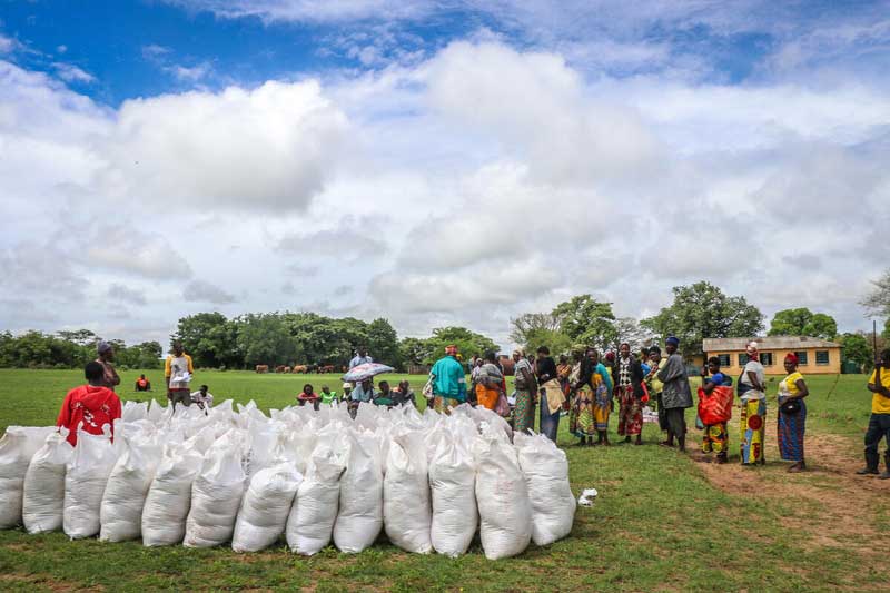 People in Zambia line up under a blue sky full of clouds beside hundreds of bags of food.